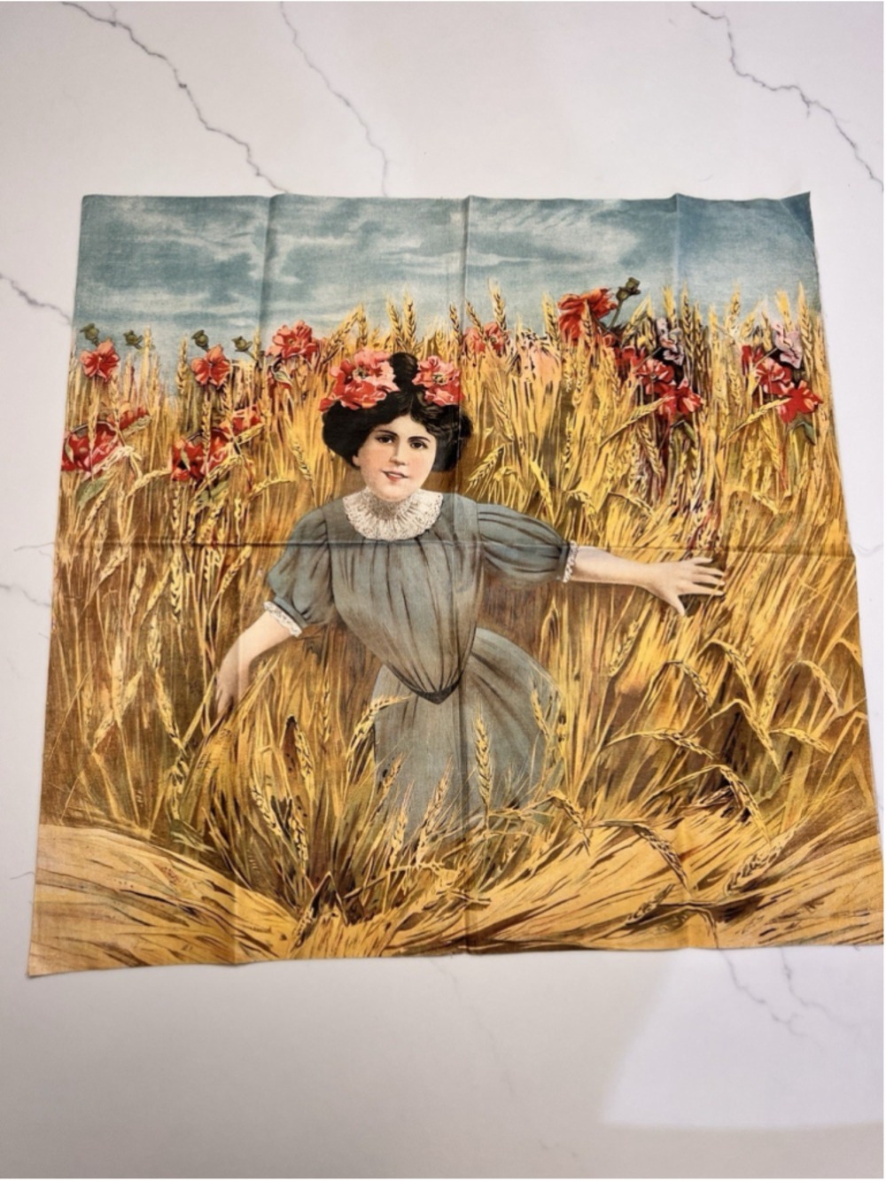 Vintage Unframed Canvas Print Of Victorian Girl in Wheat field with poppies